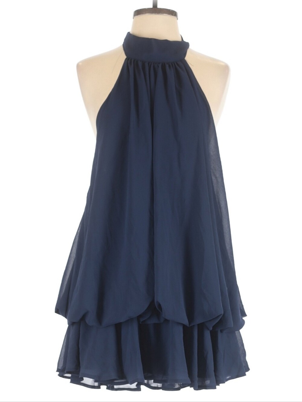 Chiffon Halter Neck Drop Waist Ruffle Romper, M, Navy Blue